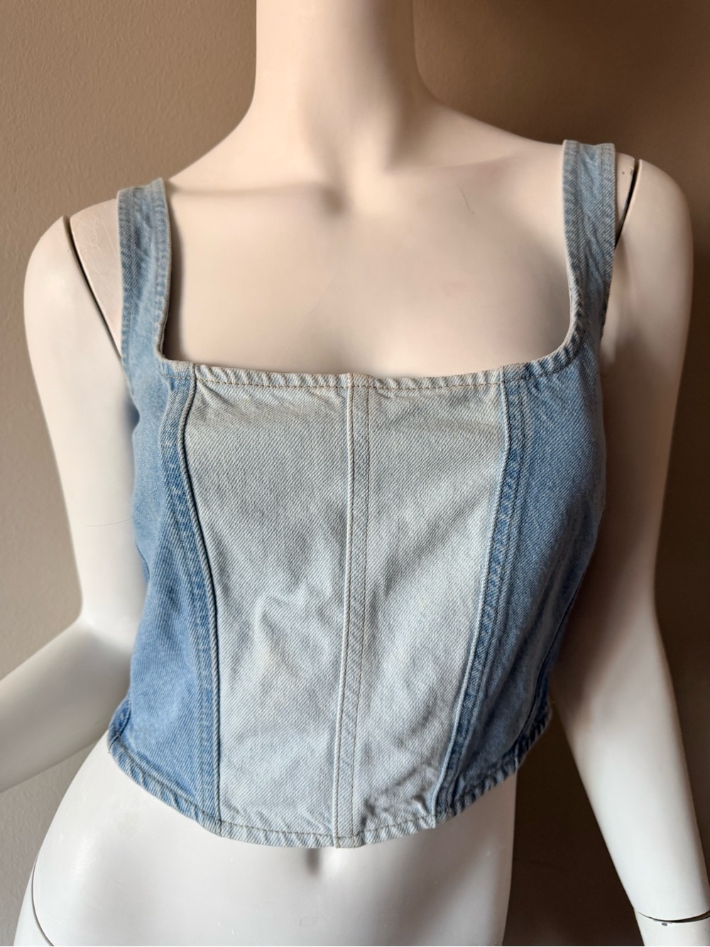 Stradivarius Patchwork Label Top - Blue & Light Blue Denim